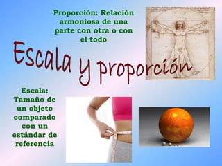 Proporción: Relación
armoniosa de una
parte con otra o con
el todo
Escala:
Tamaño de
un objeto
comparado
con un
estándar d...