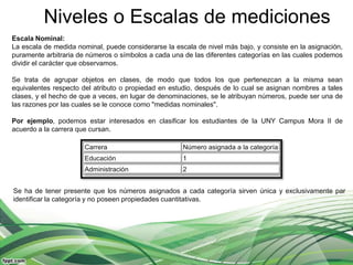 Niveles o Escalas de mediciones
Escala Nominal:
La escala de medida nominal, puede considerarse la escala de nivel más bajo, y consiste en la asignación,
puramente arbitraria de números o símbolos a cada una de las diferentes categorías en las cuales podemos
dividir el carácter que observamos.

Se trata de agrupar objetos en clases, de modo que todos los que pertenezcan a la misma sean
equivalentes respecto del atributo o propiedad en estudio, después de lo cual se asignan nombres a tales
clases, y el hecho de que a veces, en lugar de denominaciones, se le atribuyan números, puede ser una de
las razones por las cuales se le conoce como "medidas nominales".

Por ejemplo, podemos estar interesados en clasificar los estudiantes de la UNY Campus Mora II de
acuerdo a la carrera que cursan.

                       Carrera                        Número asignada a la categoría
                       Educación                      1
                       Administración                 2


Se ha de tener presente que los números asignados a cada categoría sirven única y exclusivamente par
identificar la categoría y no poseen propiedades cuantitativas.
 