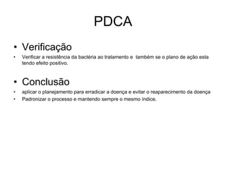 PDCA
• Verificação
• Verificar a resistência da bactéria ao tratamento e também se o plano de ação esta
tendo efeito positivo.
• Conclusão
• aplicar o planejamento para erradicar a doença e evitar o reaparecimento da doença
• Padronizar o processo e mantendo sempre o mesmo índice.
 