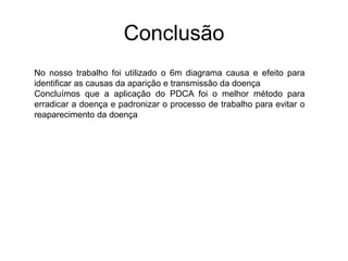 Conclusão
No nosso trabalho foi utilizado o 6m diagrama causa e efeito para
identificar as causas da aparição e transmissão da doença
Concluímos que a aplicação do PDCA foi o melhor método para
erradicar a doença e padronizar o processo de trabalho para evitar o
reaparecimento da doença
 