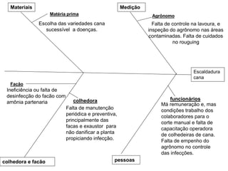 Falta de manutenção
periódica e preventiva,
principalmente das
facas e exaustor para
não danificar a planta
propiciando infecção.
Ineficiência ou falta de
desinfecção do facão com
amônia partenaria
Facão
colhedora e facão
Materiais
colhedora
Matéria prima
Escolha das variedades cana
sucessível a doenças.
Medição
pessoas
Má remuneração e, mas
condições trabalho dos
colaboradores para o
corte manual e falta de
capacitação operadora
de colhedeiras de cana.
Falta de empenho do
agrônomo no controle
das infecções.
Agrônomo
Falta de controle na lavoura, e
inspeção do agrônomo nas áreas
contaminadas. Falta de cuidados
no rouguing
funcionários
Escaldadura
cana
 