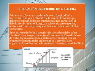 COLOCACIÓN DEL FIERRO DE ESCALERA 
Primero se coloca la armadura de acero longitudinal y 
transversal que va en el fondo de la rampa. Recuerde que 
debemos colocar dados de concreto que nos garanticen el 
debido recubrimiento. Luego, se coloca el acero superior, 
bastones de una longitud que debe estar indicada en el plano de 
estructuras. 
En el extremo inferior y superior de la escalera debe haber 
“mechas” de acero provenientes de la cimentación o de la losa 
de techo según corresponda. Éstas deben cumplir con las 
longitudes determinadas en los planos y servirán para 
enganchar los refuerzos de la escalera a la estructura del edificio 
 