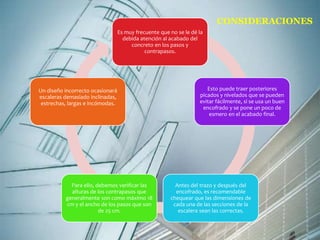 Es muy frecuente que no se le dé la 
debida atención al acabado del 
concreto en los pasos y 
contrapasos. 
Esto puede traer posteriores 
picados y nivelados que se pueden 
evitar fácilmente, si se usa un buen 
encofrado y se pone un poco de 
esmero en el acabado final. 
Antes del trazo y después del 
encofrado, es recomendable 
chequear que las dimensiones de 
cada una de las secciones de la 
escalera sean las correctas. 
Un diseño incorrecto ocasionará 
escaleras demasiado inclinadas, 
estrechas, largas e incómodas. 
Para ello, debemos verificar las 
alturas de los contrapasos que 
generalmente son como máximo 18 
cm y el ancho de los pasos que son 
de 25 cm. 
CONSIDERACIONES 
 