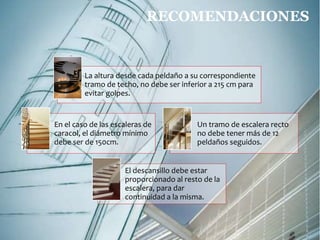 RECOMENDACIONES 
La altura desde cada peldaño a su correspondiente 
tramo de techo, no debe ser inferior a 215 cm para 
evitar golpes. 
En el caso de las escaleras de 
caracol, el diámetro mínimo 
debe ser de 150cm. 
Un tramo de escalera recto 
no debe tener más de 12 
peldaños seguidos. 
El descansillo debe estar 
proporcionado al resto de la 
escalera, para dar 
continuidad a la misma. 
 