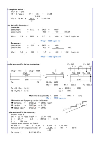 4.- Espesor medio :
hm = h1 + c/2
h1 = h / cos ø h1 = 20 = 24.41
0.819
hm = 24.41 + 17.5 = 33.16 cms
2
5.- Metrado de cargas :
Gradería :
peso propio = 0.332 x 2400 = 795.9
peso muerto = 100 = 100 895.91
Wu = 1.4 x 895.9 + 1.7 x 400 = 1934.3 kg/m /m
Wug = 1934 kg/m /m
Descanso :
peso propio = 0.20 x 2400 = 480
peso muerto = 100 = 100 580
Wu = 1.4 x 580 + 1.7 x 400 = 1492 kg/m /m
Wud = 1492 kg/m /m
6.- Determinación de los momentos : P = 940 P = 940
2.13 1.75 2.13
Wug = 1934 Wug = 1934
Wud = Wu = 1492 Wu= 442 Wu= 442
1492 = +
6.00 6.00
Ra Rb R1=R2= 4476
Mc = 6714 R'1 = 939.8 R'2 = 939.8
Ra = R1+R'1 = 5416 Mc = 2819.5 - 1821
Rb =R2+R'2 = 5416 Mc = 999
Momento Isostático:
Ms = 6714 + 999 = 7713
Ms = 7713 kg-m /m
Momentos en Apoyos y centro del tramo
Mº cimiento = 8/20 Ms = 3085 kg-m
Mº centro = 8/10 Ms = 6170 em
Mº apoyo viga = 8/20 Ms = 3085
7.- Determinación del refuerzo :
em/hm = cos ø
em = 33.16 * cos 34.99º = 27.17 cms
d = 27.17 - 2.5 - Ø3/8/2 = 24.19
b = 100 cms
Cuantía acero mínima p = 0.0018
As min = 100 x 24.19 x 0.002 = 4.35 cm²
Tomando Ø1/2" : espaciamiento : S= 1.27 x 100 = 29.16
4.35
Se coloca : Ø 1/2 @ .25 m
 