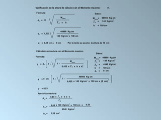 do

Verificación de la altura de cálculo con el Momento maximo:
Formula:

Datos:
MUltimo

do = K

ƒc d x

MUltimo=
ƒc d =

b

48966 Kg cm
140 Kg/cm

b

2

140 Kg/cm x 100 cm

d o = 3,25 cm <

8 cm

Por lo tanto se asume la altura de 10 cm

Cálculode armadura con el Momento maximo:

Datos:

Formula:
= do

1 -

1 -

y

= 8 cm

y

MUltimo

ƒyd =

2

0,425 x 140 Kg/cm x 100 cm x (8 cm)

0,85 x ƒc d x b x y
ƒ yd
2

A s1 =

100 cm
8 cm

=
=

48966 Kg cm

Area de armadura:

A s1 =

4545 Kg/cm

b
do

2
0,425 x ƒ c d x b x d o

1 -

1 -

MUltimo= 48966 Kg cm
2
140 Kg/cm
ƒc d =

= 0,53

A s1 =

= 100 cm

48966 Kg cm

d o = 1,737

y

2

0,85 x 140 Kg/cm x 100 cm x
4545 Kg/cm
2

1,39 cm

2

0,53

2

2

 