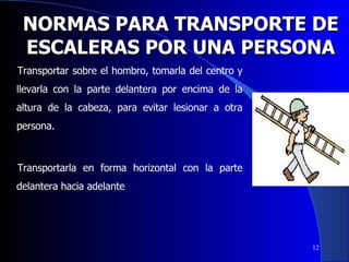 NORMAS PARA TRANSPORTE DE ESCALERAS POR UNA PERSONA Transportar sobre el hombro, tomarla del centro y llevarla con la parte delantera por encima de la altura de la cabeza, para evitar lesionar a otra persona. Transportarla en forma horizontal con la parte delantera hacia adelante 
