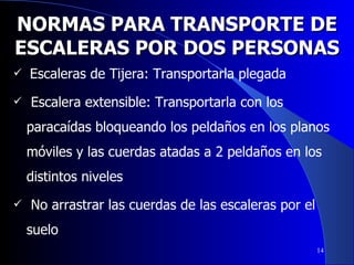 NORMAS PARA TRANSPORTE DE ESCALERAS POR DOS PERSONAS Escaleras de Tijera: Transportarla plegada  Escalera extensible: Transportarla con los paracaídas bloqueando los peldaños en los planos móviles y las cuerdas atadas a 2 peldaños en los distintos niveles No arrastrar las cuerdas de las escaleras por el suelo 