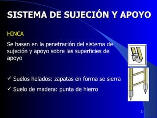 SISTEMA DE SUJECIÓN Y APOYO HINCA Se basan en la penetración del sistema de sujeción y apoyo sobre las superficies de apoyo Suelos helados: zapatas en forma se sierra Suelo de madera: punta de hierro 