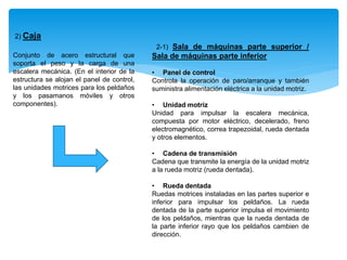 2-1) Sala de máquinas parte superior /
Sala de máquinas parte inferior
• Panel de control
Controla la operación de paro/arranque y también
suministra alimentación eléctrica a la unidad motriz.
• Unidad motriz
Unidad para impulsar la escalera mecánica,
compuesta por motor eléctrico, decelerado, freno
electromagnético, correa trapezoidal, rueda dentada
y otros elementos.
• Cadena de transmisión
Cadena que transmite la energía de la unidad motriz
a la rueda motriz (rueda dentada).
• Rueda dentada
Ruedas motrices instaladas en las partes superior e
inferior para impulsar los peldaños. La rueda
dentada de la parte superior impulsa el movimiento
de los peldaños, mientras que la rueda dentada de
la parte inferior rayo que los peldaños cambien de
dirección.
2) Caja
Conjunto de acero estructural que
soporta el peso y la carga de una
escalera mecánica. (En el interior de la
estructura se alojan el panel de control,
las unidades motrices para los peldaños
y los pasamanos móviles y otros
componentes).
 