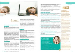 Ce qui doit vous faire
consulter un médecin
• Vous avez du mal à vous endormir.
• Vous vous réveillez trop tôt.
• Vous avez des sensations désagréables
dans les jambes qui vous empêchent de dormir.
• Vous êtes fatigué le matin.
• Vous avez des envies de dormir la journée.
• Vous luttez pour rester actif.
• Votre sommeil est agité, votre entourage s’inquiète du
ronflement et des arrêts de la respiration au cours du sommeil.
L’évolution du sommeil au cours de la vie
Chez l’enfant
Dès 3 mois : le sommeil agité fait place au sommeil
paradoxal (stable) rencontré chez l’adulte. Le sommeil
calme laisse la place au sommeil lent.
À partir de 6 mois : les endormissements se font en
sommeil lent comme chez l’adulte et le grand enfant.
À 9 mois : la structure du sommeil ressemble à celle
de l’adulte à peu de chose près et le sommeil devient
rapidement stable au cours des 4 premières heures.
Entre 9 mois et 6 ans : Les siestes disparaissent
progressivement. La première partie de la nuit est
presque exclusivement composée de sommeil lent
profond, accompagné de réveils incomplets. La
seconde partie présente des éveils brefs accompa-
gnant chaque changement de cycle.
Entre 6 et 12 ans : le sommeil est stable et les réveils
sont très brefs.
À l’adolescence
L’organisation du sommeil nocturne de l’adolescent
est proche de celle de l’adulte. Les bouleversements
hormonaux et les modifications comportementales
ont un impact non négligeable qui se traduit par :
• une diminution importante du sommeil lent pro-
fond (le plus récupérateur) au profit du sommeil lent
léger ;
• un retard de phase fréquent : couchers et levers
tardifs en raison du travail scolaire abondant, des
sorties plus fréquentes, des activités telles que jeux
vidéo ou discussions sur internet le soir, et opposition
au comportement familial d’un coucher plus précoce ;
• des contraintes horaires (cours, rythme scolaire,
etc.), non compatibles avec le besoin de sommeil
accru des adolescents, qui peuvent les mettre dans
un état de « manque » de sommeil quasiment chro-
nique (le déficit étant évalué environ à 2 h par jour en
période scolaire) ;
• une récupération le week-end avec des grasses
matinées.
Chez l’adulte
L’adulte est confronté à deux contraintes agissant habi-
tuellement sur le sommeil :
• les contraintes professionnelles : les horaires de
début et de fin de travail, le temps du trajet, le stress
au travail perturbent souvent le sommeil des adultes.
De plus, 25 % des adultes travaillent de nuit ou avec
des horaires atypiques ;
• les contraintes familiales : les jeunes enfants, la vie
de famille perturbent principalement le sommeil des
mamans, souvent durablement.
Chez les personnes âgées
Avec l’âge, le rythme veille-sommeil change, ceci
implique :
• une modification de la répartition du sommeil sur
24 heures : à partir de 60 ans, nous dormons moins
profondément la nuit ;
• un délai d’endormissement allongé ;
• une augmentation de la fréquence des troubles
du sommeil : apnées du sommeil, insomnies, syn-
drome des jambes sans repos ;
• une augmentation du nombre et de la durée des
éveils nocturnes ;
• des modifications de l’architecture du sommeil : disparition du
sommeil lent profond et diminution du sommeil paradoxal ;
• un décalage de phase fréquent avec un coucher de plus en plus
tôt (on dit qu’il y a une avance de phase), aggravé par le rythme de
vie en institution.
Ces phénomènes expliquent pourquoi les personnes âgées se
plaignent souvent d’un mauvais sommeil (sommeil fragmenté, ins-
table, difficultés pour retrouver le sommeil).
Conseils pour mieux dormir
• Adopter des horaires de sommeil réguliers. Se coucher et se
lever à des heures régulières facilite en effet le sommeil.
• Se lever tous les jours à la même heure, week-end compris, a un
effet synchroniseur du rythme veille-sommeil.
• Le réveil doit être dynamique pour bien éveiller son corps :
lumière forte, exercices d’étirement, petit-déjeuner complet.
• La pratique d’un exercice physique régulier dans la journée
favorise l’endormissement. Éviter l’exercice physique en soirée, en
particulier avant d’aller dormir.
• Se reposer ou faire une courte sieste en début d’après-midi. Il
suffit de fermer les yeux 5 à 20 minutes en relâchant le corps. Le
sommeil viendra rapidement si le besoin est là. La sieste permet
de maintenir la vigilance pour le reste de la journée.
• Éviter les excitants après 16 heures. Café, thé, cola, vitamine C
retardent l’endormissement et augmentent les réveils nocturnes.
• Éviter l’alcool et le tabac le soir. La nicotine est un stimulant qui
retarde l’endormissement, augmente les réveils nocturnes et rend
le sommeil plus léger. L’alcool a une action sédative mais favorise
l’instabilité du sommeil avec des éveils nocturnes fréquents.
• Repérer les signaux du sommeil (bâillements, yeux qui piquent).
• En cas de réveil le matin même très tôt, se lever et commencer la
journée. Ne pas chercher à tout prix à se rendormir.
• Ne pas utiliser de médicaments pour dormir sans avoir consulté
votre médecin.
• Au lit, éviter la télévision, le travail, le repas. •
Source – Sommeil, un carnet pour mieux comprendre, INSV
LES FACTEURS
ENVIRONNEMENTAUX
Lorsque l’on dort, l’organisme
est au repos mais il continue
à recevoir des stimuli du monde
extérieur. C’est pourquoi le
sommeil est fragile et susceptible
d’être perturbé par de nombreux
facteurs environnementaux.
LE BRUIT
Les personnes interrogées mettent
le plus fréquemment en cause
le bruit. Il peut provoquer des
réveils conscients ou inconscients
suivis par de nouvelles difficultés
d’endormissement au cours de la
nuit. Une diminution de la vigilance
diurne et la nécessité de repos
compensateurs (sieste) en résultent.
Les conséquences médicales
d’une exposition prolongée au bruit
sont aussi importantes : insomnie,
mais aussi conséquences
cardiovasculaires (hypertension)
et psychiques (dépression, anxiété).
LA TEMPÉRATURE
Les Français s’en plaignent moins
que le bruit mais ses effets ne sont
pas moindres. L’être humain a
perpétuellement besoin de réguler
sa température à un niveau stable
(37 °C). Aussi, toute fluctuation
importante de la température
externe génère des réactions
physiologiques de maintien
de cette température qui sont
de nature à perturber le sommeil.
LA LUMIÈRE
C’est l’obscurité la plus complète
qui favorise la meilleure sécrétion de
mélatonine et un sommeil de bonne
qualité. Maintenir une lumière même
faible peut favoriser les éveils la nuit.
Par contre le matin, la possibilité de
lumière extérieure entrant dans la
chambre favorise un bon éveil. • 
ZOOM
(Zzzzz)
ENVIRONNEMENT SANTÉ ENVIRONNEMENT SANTÉ
98
DOSSIER SANTÉ DOSSIER SANTÉ
, , , , ,
98
 