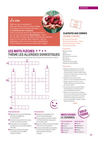 CLAFOUTIS AUX CERISES
COMME À REIMS
Par Laurence Benedetti
Temps de préparation : 10 min
Temps de cuisson : 10 min
Pour 4 personne(s)
Ingrédients
500 g de cerises
4 œufs
70 g de beurre
125 g de sucre en poudre
25 cl de lait
100 g de farine
1 sachet de sucre vanillé
10 biscuits roses de Reims
Préparation
* Équeutez et dénoyautez les cerises.
Gardez 10 g de beurre pour beurrer
un plat à gratin en Pyrex. Faites fondre
le reste 1 min dans le four à micro-onde,
à puissance maximale ;
* Battez les œufs avec le sucre
jusqu’à ce que le mélange blanchisse ;
* Ajoutez ensuite la farine, le sucre
vanillé, mélangez, puis ajoutez le lait
et le beurre fondu ;
* Écrasez les biscuits roses de Reims
et saupoudrez-en le fond du plat à
gratin préalablement beurré ;
* Ajoutez les cerises dans le mélange
de sucre, lait, farine et œufs puis versez
le tout dans le plat. Faites cuire 5 min
à 50 % de la puissance puis 4 min à
puissance maximale. Laissez refroidir
avant de démouler.
***
***
recettes***
Les cerises
Riche en eau et potassium
(250 mg/100 g), elles ont des qualités
diurétiques et leurs fibres stimulent
le fonctionnement intestinal.
C’est une bonne source de vitamine A et C
qui ont des propriétés antioxydantes, c’est-à-
dire qu’elles limitent les effets néfastes des radicaux
libres sur les cellules. Mais attention, elle est
également riche en sucre et assez énergétique.
C’est d’ailleurs le plus sucré des fruits rouges !
LES MOTS FLÉCHÉS
THÈME LES ALLERGIES DOMESTIQUES
Tous les mots se trouvent dans le dossier Santé. Solutions dans le prochain numéro.
1 
6 
7 
8 
4 5
3
2
Horizontalement
1  Substances qui peuvent développer
des impacts négatifs sur
l’environnement
6  Sensation de picotement de la peau,
qui donne envie de se gratter
7  Champignons microscopiques
favorisés par une mauvaise isolation,
des fuites…
8  Plante dont l’espèce principale
est cultivée pour ses feuilles
riches en nicotine
Verticalement
2  Substance responsable d’une
réaction de type allergique
3  Terme médical décrivant l’irritation
et l’inflammation des muqueuses
de la cavité nasale
4  Expulsion réflexe brusque et bruyante
d’air par le nez et la bouche
5  Cousins de la famille des araignées,
ils sont microscopiques et vivent
dans les literies, coussins,
canapés…
MOTS FLÉCHÉS
LE SOMMEIL
Horizontalement
1  Paradoxal
5  Réveil
8  Endormissement
9  Insomnie
10  Cycles
Verticalement
2  Dormir
3  Bâillement
4  Mélatonine
6  Sieste
7  Somnolence
SOLU-
TIONS
DÉTENTE
15
 