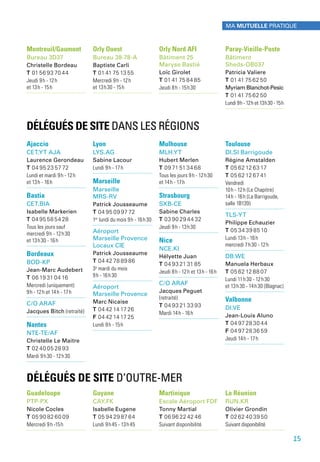 DÉLÉGUÉS DE SITE DANS LES RÉGIONS
Ajaccio
CET.YT AJA
Laurence Gerondeau
T 04 95 23 57 72
Lundi et mardi 9 h - 12 h
et 13 h - 16 h
Bastia
CET.BIA
Isabelle Markerien
T 04 95 58 54 28
Tous les jours sauf
mercredi 9 h - 12 h 30
et 13 h 30 - 16 h
Bordeaux
BOD-KP
Jean-Marc Audebert
T 06 19 31 04 16
Mercredi (uniquement)
9 h - 12 h et 14 h - 17 h
C/O ARAF
Jacques Bitch (retraité)
Nantes
NTE-TE/AF
Christelle Le Maitre
T 02 40 05 28 93
Mardi 9 h 30 - 12 h 30
Lyon
LYS.AG
Sabine Lacour
Lundi 9 h - 17 h
Marseille
Marseille
MRS-RV
Patrick Jousseaume
T 04 95 09 97 72
1er
lundi du mois 9 h - 16 h 30
Aéroport
Marseille Provence
Locaux CIE
Patrick Jousseaume
T 04 42 78 89 86
3e
mardi du mois
9 h - 16 h 30
Aéroport
Marseille Provence
Marc Nicaise
T 04 42 14 17 26
F 04 42 14 17 25
Lundi 9 h - 15 h
Mulhouse
MLH.YT
Hubert Merlen
T 09 71 51 34 68
Tous les jours 9 h - 12 h 30
et 14 h - 17 h
Strasbourg
SXB-CE
Sabine Charles
T 03 90 29 44 32
Jeudi 9 h - 13 h 30
Nice
NCE.KI
Hélyette Juan
T 04 93 21 31 85
Jeudi 8 h - 12 h et 13 h - 16 h
C/O ARAF
Jacques Peguet
(retraité)
T 04 93 21 33 93
Mardi 14 h - 16 h
Toulouse
DI.SI Barrigoude
Régine Amstalden
T 05 62 12 63 17
T 05 62 12 67 41
Vendredi
10 h - 12 h (Le Chapitre)
14 h - 16 h (La Barrigoude,
salle 1B139)
TLS-YT
Philippe Echauzier
T 05 34 39 85 10
Lundi 13 h - 16 h
mercredi 7 h 30 - 12 h
DB.WE
Manuela Herbaux
T 05 62 12 88 07
Lundi 11 h 30 - 12 h 30
et 13 h 30 - 14 h 30 (Blagnac)
Valbonne
DI.VE
Jean-Louis Aluno
T 04 97 28 30 44
F 04 97 28 36 59
Jeudi 14 h - 17 h
DÉLÉGUÉS DE SITE D’OUTRE-MER
Guadeloupe
PTP-PX
Nicole Cocles
T 05 90 82 60 09
Mercredi 9 h -15 h
Guyane
CAY.FK
Isabelle Eugene
T 05 94 29 87 64
Lundi 9 h 45 - 13 h 45
Martinique
Escale Aéroport FDF
Tonny Martial
T 06 96 22 42 46
Suivant disponibilité
La Réunion
RUN.KR
Olivier Grondin
T 02 62 40 39 50
Suivant disponibilité
Montreuil/Gaumont
Bureau 3D37
Christelle Bordeau
T 01 56 93 70 44
Jeudi 9 h - 12 h
et 13 h - 15 h
Orly Ouest
Bureau 38-78-A
Baptiste Carli
T 01 41 75 13 55
Mercredi 9 h - 12 h
et 13 h 30 - 15 h
Orly Nord AFI
Bâtiment 25
Maryse Bastié
Loïc Girolet
T 01 41 75 84 85
Jeudi 8 h - 15 h 30
Paray-Vieille-Poste
Bâtiment
Sheds-OB037
Patricia Valiere
T 01 41 75 62 50
Myriam Blanchot-Pesic
T 01 41 75 62 50
Lundi 9 h - 12 h et 13 h 30 - 15 h
15
MA MUTUELLE PRATIQUE
 
