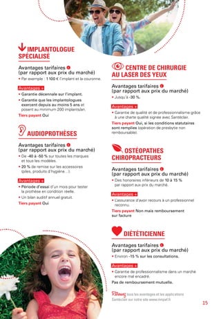 IMPLANTOLOGUE
SPÉCIALISÉ
Avantages tarifaires €
(par rapport aux prix du marché)
• Par exemple : 1 100  € l’implant et la couronne.
Avantages +
• Garantie décennale sur l’implant.
• Garantie que les implantologues
exercent depuis au moins 5 ans et
posent au minimum 200 implants/an.
Tiers payant Oui
AUDIOPROTHÈSES
Avantages tarifaires €
(par rapport aux prix du marché)
• De -40 à -50 % sur toutes les marques
et tous les modèles.
• 20 % de remise sur les accessoires
(piles, produits d’hygiène…).
Avantages +
• Période d’essai d’un mois pour tester
la prothèse en condition réelle.
• Un bilan auditif annuel gratuit.
Tiers payant Oui
CENTRE DE CHIRURGIE
AU LASER DES YEUX
Avantages tarifaires €
(par rapport aux prix du marché)
• Jusqu’à -30 %.
Avantages +
• Garantie de qualité et de professionnalisme grâce
à une charte qualité signée avec Santéclair.
Tiers payant Oui, si les conditions statutaires
sont remplies (opération de presbytie non
remboursable).
OSTÉOPATHES
CHIROPRACTEURS
Avantages tarifaires €
(par rapport aux prix du marché)
• Des honoraires inférieurs de 10 à 15 %
par rapport aux prix du marché.
Avantages +
• L’assurance d’avoir recours à un professionnel
reconnu.
Tiers payant Non mais remboursement
sur facture
DIÉTÉTICIENNE
Avantages tarifaires €
(par rapport aux prix du marché)
• Environ -15 % sur les consultations.
Avantages +
• Garantie de professionnalisme dans un marché
encore mal encadré.
Pas de remboursement mutuelle.
Retrouveztous les avantages et les applications
Santéclair sur notre site www.mnpaf.fr
15
 