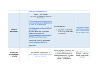 https://goo.gl/images/xaAg9P
MEDIOS Y
MATERIALES
UNIDAD 2 VULCANISMO
Información con base en los siguientes
documentos :
http://e-ducativa.catedu.es/44700165/a
ula/archivos/repositorio/750/984/html/
51_tipos_de_erupciones.html
http://lageografia.com/geografia-fisica/
el-vulcanismo
2.1 Tipos de volcanes y erupciones
Infografía tipo de volcanes:
https://magic.piktochart.com/output/1
8641559-vulcanismo-en-mexico
2.2 Volcanes activos de México video
https://youtu.be/ult325d6vm8
2.3Medidas
ACTIVIDAD EN LÍNEA
● COMPLETA EL SIGUIENTE
TEXTO CON LAS PALABRAS
QUE FALTAN
https://www.educapla
y.com/es/recursoseduc
ativos/2736657/vulcani
smo_en_mexico_.htm
ACTIVIDADES
(COOPERATIVAS
Y ACTIVAS)
DOCUMENTAL DEL SISMO DEL 85
https://www.youtube.com/watch?v=8s
bM_DC6FwE&t=56s
Realizar en equipo una opinión que
resuelva la siguiente cuestión:
¿Estuvieron o no presentes las
medidas de prevención y/o cuáles
fueron los impactos?
MAYOR A 300 PALABRAS
Utilizar la herramienta
de DRIVE y al finalizar
subir el URL al foro de
discusión.
 