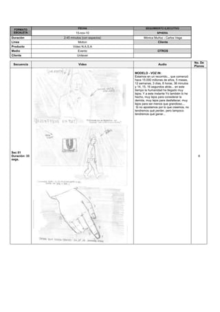 FORMATO ESCALETAFECHASEGUIMIENTO EJECUTIVO15-nov-10SPHERADuración2:45 minutos (con espacios) Mónica Muñoz - Carlos Vega LíneaMotion Cliente ProductoVideo N.A.S.A MedioEvento  OTROS ClienteUnilever SecuenciaVideoAudioNo. De PlanosSec 01Duración: 33 segs.MODELO - VOZ IN:Estamos en un recorrido... que comenzó hace 15.000 millones de años, 5 meses, 12 semanas, 3 días, 6 horas, 36 minutos y 14, 15, 16 segundos atrás... en este tiempo la humanidad ha llegado muy lejos; Y a este instante Yo también lo he hecho, muy lejos para considerar la derrota, muy lejos para desfallecer, muy lejos para ser menos que grandioso.... Si no apostamos por lo que creemos, no tendremos qué perder, pero tampoco tendremos qué ganar...8Sec 02Duración: 34 segs.musica mezcla keep walkin y morgan fremanMODELO - VOZ IN:Si pudiéramos escalar el tiempo, la historia del universo tendría el tamaño de un estadio de fútbol y toda la historia del hombre ocuparía la superficie de una de nuestras manos. Como tú, yo también estoy fascinado por todo lo que nos rodea:  los misterios del universo, las inmensas cosas que puede lograr el potencial humano, el ejercicio de la mente por sobre la materia, el encontrar nuevas fronteras fuera de nuestro mundo explorando el espacio... Yo como tú estoy cautivado por las metas que ansiosas esperan ser alcanzadas y conquistadas por el potente espíritu humano.  10Sec 03Duración: 34 segs. MODELO VOZ IN:Son los pies firmes en el suelo los que comienzan cada salto, si tus pasos encuentran su ritmo tus pensamientos podrán volar más alto. Alguna vez cada líder, cada niño, cada habitante de nuestro planeta fue sorprendido por alguien que dio un primer paso para dejar su huella. Los exploradores son realmente libres, hay siempre un héroe en potencia a nuestro lado, que se desafía de manera solidaria, que nos brinda una experiencia constructora de carácter y humildad. La disciplina, coordinación y exactitud son parte de procesos impecables que nos llevan a la excelencia.      Sec 04Duración: 48 segs.LOGOS CLIENTE (22) FLOTANTES ALREDEDOR DE NUESTRO MODELO. Logo N.A.S.AMODELO - VOZ IN:Debemos entrenarnos para lo que viene, alinear nuestras metas,  fusionar y explorar nuestro conocimiento al máximo; hoy es sólo el inicio de este gran viaje...Estamos en un recorrido... que comenzó hace 15.000 millones de años, 5 meses, 12 semanas, 3 días, 6 horas, 38 minutos y 17, 18, 19 segundos atrás... MODELO - VOZ OFF:La voluntad tiene piernas más largas que el miedo, levántate y quédate en pie, nunca atrás siempre adelante. Si el universo se sigue expandiendo ¿por qué nosotros debemos detenernos? PERSONA UNILEVER - VOZ IN:Estamos en un recorrido, y no se detendrá, hasta que nosotros lo hagamos. 33, 34, 35, 36, 37, 38... Entra música emotiva.  6   TOTAL: 32NOTAS: 1. Debe Grabarse en Progresivo.2. No hay Tracking3. Cámara fija<br />