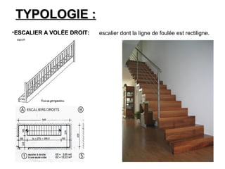 •ESCALIER A VOLÉE DROIT:ESCALIER A VOLÉE DROIT:
TYPOLOGIE :TYPOLOGIE :
escalier dont la ligne de foulée est rectiligne.
 
