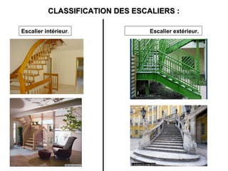 CLASSIFICATION DES ESCALIERS :CLASSIFICATION DES ESCALIERS :
Escalier extérieur.Escalier intérieur.
 