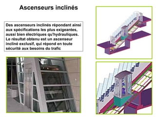Ascenseurs inclinés
Des ascenseurs inclinés répondant ainsi
aux spécifications les plus exigeantes,
aussi bien électriques qu'hydrauliques.
Le résultat obtenu est un ascenseur
incliné exclusif, qui répond en toute
sécurité aux besoins du trafic
 
