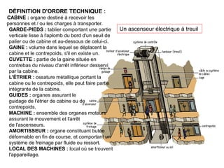 Un ascenseur électrique à treuil
DÉFINITION D'ORDRE TECHNIQUE :
CABINE : organe destiné à recevoir les
personnes et / ou les charges à transporter.
GARDE-PIEDS : tablier comportant une partie
verticale lisse à l'aplomb du bord d'un seuil de
palier ou de cabine et au-dessous de celui-ci.
GAINE : volume dans lequel se déplacent la
cabine et le contrepoids, s'il en existe un.
CUVETTE : partie de la gaine située en
contrebas du niveau d'arrêt inférieur desservi
par la cabine.
L'ÉTRIER : ossature métallique portant la
cabine ou le contrepoids, elle peut faire partie
intégrante de la cabine.
GUIDES : organes assurant le
guidage de l'étrier de cabine ou de
contrepoids.
MACHINE : ensemble des organes moteurs
assurant le mouvement et l'arrêt
de l'ascenseurs.
AMORTISSEUR : organe constituant butée
déformable en fin de course, et comportant un
système de freinage par fluide ou ressort.
LOCAL DES MACHINES : local où se trouvent
l'appareillage.
 