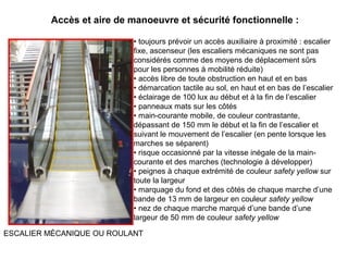 • toujours prévoir un accès auxiliaire à proximité : escalier
fixe, ascenseur (les escaliers mécaniques ne sont pas
considérés comme des moyens de déplacement sûrs
pour les personnes à mobilité réduite)
• accès libre de toute obstruction en haut et en bas
• démarcation tactile au sol, en haut et en bas de l’escalier
• éclairage de 100 lux au début et à la fin de l’escalier
• panneaux mats sur les côtés
• main-courante mobile, de couleur contrastante,
dépassant de 150 mm le début et la fin de l’escalier et
suivant le mouvement de l’escalier (en pente lorsque les
marches se séparent)
• risque occasionné par la vitesse inégale de la main-
courante et des marches (technologie à développer)
• peignes à chaque extrémité de couleur safety yellow sur
toute la largeur
• marquage du fond et des côtés de chaque marche d’une
bande de 13 mm de largeur en couleur safety yellow
• nez de chaque marche marqué d’une bande d’une
largeur de 50 mm de couleur safety yellow
ESCALIER MÉCANIQUE OU ROULANT
Accès et aire de manoeuvre et sécurité fonctionnelle :
 