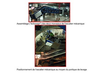Assemblage ("éclissage") des deux morceaux de l’escalier mécanique
Positionnement de l’escalier mécanique au moyen du portique de levage
 