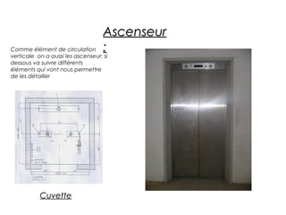 AscenseurAscenseur
::
CuvetteCuvette
Comme élément de circulation
verticale on a aussi les ascenseur; si
dessous va suivre différents
éléments qui vont nous permettre
de les détailler
 