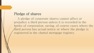 Pledge of shares
A pledge of corporate shares cannot affect or
prejudice a third person unless it is recorded in the
books of corporation, saving, of course cases where the
third person has actual notice or where the pledge is
registered in the chattel mortgage registry.
 