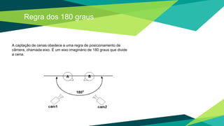 Regra dos 180 graus
A captação de cenas obedece a uma regra de posicionamento de
câmera, chamada eixo. É um eixo imaginário de 180 graus que divide
a cena.
 
