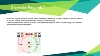 O que são Raccords?
Numa produção audiovisual existem vários elementos, desde que se pensa na história a fazer até que
se publica existem diversos pormenores e técnicas a ter em conta.
Os raccords são umas dessas técnicas: a passagem de um plano para o outro é assegurada por eles,
garantindo a coerência entre eles.
 