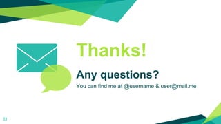 Thanks!
Any questions?
You can find me at @username & user@mail.me
33
 