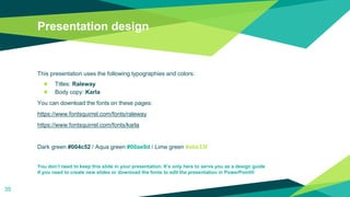 Presentation design
This presentation uses the following typographies and colors:
◆ Titles: Raleway
◆ Body copy: Karla
You can download the fonts on these pages:
https://www.fontsquirrel.com/fonts/raleway
https://www.fontsquirrel.com/fonts/karla
Dark green #004c52 / Aqua green #00ae9d / Lime green #abe33f
You don’t need to keep this slide in your presentation. It’s only here to serve you as a design guide
if you need to create new slides or download the fonts to edit the presentation in PowerPoint®
35
 