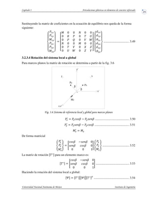 Sustituyendo la matriz de coeficientes en la ecuación de equilibrio nos queda de la forma
siguiente:
q
r
s
r
t
G
u
C v
G
u
C vw
r
x
r
y
k
l
l
l
l
m
C 6 6 ' 6 6
6 6 d
6 e 6 f
' 6 6 C 6 6
6 d f 6 g h
6 6 h i n
o
o
o
o
p
q
rr
s
rr
t
G
u
z v
G
u
z v w
rr
x
rr
y
3.49
3.2.3.4 Rotación del sistema local a global
Para marcos planos la matriz de rotación se determina a partir de la fig. 3.6
! !-% & '
G
{
G|}~• @ u~€•• 3.50
u
{
G~€•• @ u|}~• 3.51
Cv
{
Cv
De forma matricial
‚
G
{
u
{
Cv
{
ƒ „
|}~• @~€•• 6
~€•• |}~• 6
6 6 4
… ‚
G
u
Cv
ƒ 3.52
La matriz de rotación d*
para un elemento marco es:
d*
„
|}~• @~€•• 6
~€•• |}~• 6
6 6 4
… 3.53
Haciendo la rotación del sistema local a global:
j d*
† j ‡ d* %
3.54
o
y'
x'
z,z'
x
Px
Py
Mz
β
β
y
 