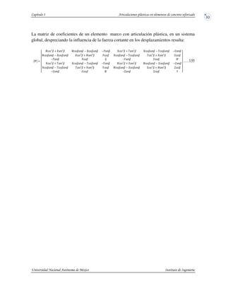 La matriz de coeficientes de un elemento marco con articulación plástica, en un sistema
global, despreciando la influencia de la fuerza cortante en los desplazamientos resulta:
j
k
l
l
l
l
l
m
C|}~ • ~€• • C|}~•~€•• @ |}~•~€•• @ ~€•• '|}~ • d~€• • '|}~•~€•• @ d|}~•~€•• @ ~€••
C|}~•~€•• @ |}~•~€•• |}~ • C~€• • |}~• '|}~•~€•• @ d|}~•~€•• d|}~ • '~€• • |}~•
@ ~€•• |}~• e @f~€•• f|}~•
'|}~ • d~€• • '|}~•~€•• @ d|}~•~€•• @f~€•• C|}~ • g~€• • C|}~•~€•• @ g|}~•~€•• @h~€••
'|}~•~€•• @ d|}~•~€•• d|}~ • '~€• • f|}~• C|}~•~€•• @ g|}~•~€•• g|}~ • C~€• • h|}~•
@ ~€•• |}~• @h~€•• h|}~• i n
o
o
o
o
o
p
3.55
 