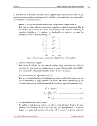 El método H?u se desarrolla en cuatro pasos, el primer paso se realiza solo una vez, los
pasos siguientes se realizan en cada etapa del análisis. La descripción de cada uno de ellos,
se describe en los siguientes incisos.
1. Define el modelo de masas de la estructura y el vector de carga nominal He.
Este paso se realiza solo una vez, consiste en definir la matriz de masas que debe de
ser incluida en el cálculo de valores característicos y un vector de fuerzas ue de
magnitud definida por el analista, su distribución es uniforme en todos los
entrepisos, como se muestra en la fig. 4.6
! !01 ue (Antoniu y Pinho, 2003)
2. Cálculo del factor de carga :
Este factor de calcula en cada paso de análisis, tiene como función definir la
magnitud del incremento de carga para que se alcance la capacidad máxima J !
solo en un punto, está definido entre los límites de cero y la unidad.
3. Cálculo del vector de carga normalizado HBP
:
Este vector se calcula al inicio de cada paso de análisis, define la forma de cada uno
de los incrementos de carga, mediante un análisis de valores característicos y una
regla de superposición modal, para su cálculo se utilizan las siguientes ecuaciones:
HP
$ fvW
v
J …...................….…….……. 4.11
H $ wq HP DP
vr5 …...................….…….……. 4.12
HBP
$
<*
q <*
…........................….…….……. 4.13
4. Actualización del vector de carga ux:
Se realiza en cada paso de análisis, consiste en sumar el vector de carga del paso
anterior y el incremento de carga necesario para que algún punto de la estructura
llegue a su capacidad máxima. En la fig. 4.7 se muestra de forma gráfica la
Po
m1
m2
m3
m4
m5
 