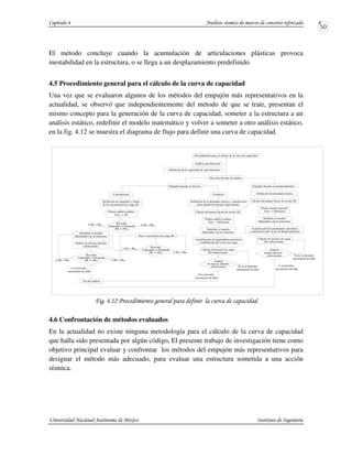 El método concluye cuando la acumulación de articulaciones plásticas provoca
inestabilidad en la estructura, o se llega a un desplazamiento predefinido.
4.5 Procedimiento general para el cálculo de la curva de capacidad
Una vez que se evaluaron algunos de los métodos del empujón más representativos en la
actualidad, se observó que independientemente del método de que se trate, presentan el
mismo concepto para la generación de la curva de capacidad, someter a la estructura a un
análisis estático, redefinir el modelo matemático y volver a someter a otro análisis estático,
en la fig. 4.12 se muestra el diagrama de flujo para definir una curva de capacidad.
! !"$6
4.6 Confrontación de métodos evaluados
En la actualidad no existe ninguna metodología para el cálculo de la curva de capacidad
que halla sido presentada por algún código, El presente trabajo de investigación tiene como
objetivo principal evaluar y confrontar los métodos del empujón más representativos para
designar el método más adecuado, para evaluar una estructura sometida a una acción
sísmica.
Procedimiento para el cálculo de la curva de capacidad
Análisis gravitacional
Definición de la capacidad de cada elemento
Elección del tipo de análisis
Empujón basado en fuerzas Empujón basado en desplazamientos
Convencional Evolutivo
Definición de magnitud y forma
Primer análisis estático
Grav. + ∆F
de los incrementos de carga ∆Fi
(My vs Mac)
Revisiónsi My = Mac
Redefinir el modelo
Matemático de la estructura Nuevo incremento de carga ∆Fi
si My < Mac
si My = Mac
si My < Mac
Análisis de fuerzas laterales
subsecuentes
si My < Macsi My = Mac
Fin del análisis
Definición de la demanda sísmica, e idealizacion
como patrón de laterales equivalentes
Cálculo del primer factor de escala (Sf)
Grav. + Sf(Sismo)
Primer análisis estático
Matemático de la estructura
Redefinir el modelo
Actualización de propiedades mecánicas
y redefinición del vector de carga
Cálculo de factores de carga
(Sf) subsecuentes
Si no se presenta
mecanismo de falla
Si se presenta
mecanismo de falla
Definición de demanda sismica
Cálculo del primer factor de escala (Sf)
Primer modal espectral
Grav. + Sf(Sismo)
Redefinir el modelo
Matemático de la estructura
y redefinición del vector de desplazamientos
Actualización de propiedades mecánicas
(Sf) subsecuentes
Cálculo de factores de carga
si se presenta
mecanismo de falla
subsecuentes
1
i
Capacidad vs Demanda
Capacidad vs Demanda
Revisión
(My vs Mac)
Capacidad vs Demanda
Revisión
(My vs Mac)
si se presenta
mecanismo de falla
Análisis
de fuerzas laterales
Si no se presenta
mecanismo de falla
subsecuentes
Análisis
modal espectral
 