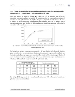 5.5.5 Curvas de capacidad generadas mediante análisis de empujón evolutivo basado
en fuerzas (EBF), considerando 2 diferentes modelos de daño.
Para este análisis se utilizó el modelo M1. En la fig. 5.10 se muestran dos curvas de
capacidad generadas mediante un análisis de empujón evolutivo, una de ellas considera el
modelo de daño (Disminución de rigidez, EI y EA) propuesto en este trabajo de tesis
(Capitulo 3), la otra idealiza el daño mediante articulaciones plásticas. Se observa que la
curva de capacidad que idealiza el daño mediante articulaciones plásticas subestima la
capacidad de la estructura.
!5 2 "
# 6
En la siguiente tabla se presenta una comparativa de la evolución de la demanda sísmica,
para dos diferentes modelos de daño. La demanda sísmica se representada mediante un
factor de escala. Se observa que para una intensidad similar (Sf) la estructura que idealiza el
daño mediante articulaciones plásticas presenta una resistencia menor que la estructura que
idealiza el daño mediante una disminución de rigidez (EI, AE).
Nuevo modelo de daño
Disminución de rigidez (EI, AE)
Articulaciones plásticas
Sf
Da
m
Vb
kN
Sf
Da
m
Vb
kN
1.16 0.07 12959.96 1.55 0.09 14013.99
1.59 0.11 17545.65 1.85 0.14 17503.48
1.68 0.14 19075.32 1.89 0.19 18623.03
1.78 0.22 20622.15 2.04 0.31 19402.42
En la fig. 5.11 se presenta la evolución de la estructura M1, utilizando articulaciones
plásticas como modelo de daño.
0
5000
10000
15000
20000
25000
0 0.05 0.1 0.15 0.2 0.25 0.3
Nuevo modelo de daño
Articulacion plastica
Vb(kN)
Da(m)
 