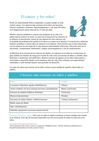 El cáncer y los niños1
Puede ser especialmente difícil comprender y aceptar cuando un niño
contrae cáncer. Los cánceres más comunes en la niñez son leucemia,
tumores cerebrales y linfomas. Aproximadamente a 1 de cada 450 niños
se le diagnosticará cáncer antes de los 15 años de edad.

Muchos cánceres pediátricos ocurren muy temprano en la vida y los
padres desean conocer la razón. La causa de la mayoría de los cánceres en
la infancia es desconocida, a pesar de que algunos de estos cánceres son
el resultado de predisposición genética (el cáncer es común en la familia). La exposición a radiación
también contribuye a ciertos tipos de cánceres en la infancia. Otros factores que se han relacionado
con los cánceres en esta etapa de la vida incluyen enfermedades infecciosas, afecciones previas al
nacimiento, contaminantes ambientales, campos electromagnéticos y uso de medicamentos.

A diferencia de la mayoría de los cánceres de adultos, los cánceres en la niñez no se relacionan en
gran medida con factores de riesgo por el estilo de vida como el consumo de tabaco y alcohol, dieta
deficiente o insuficiente actividad física. Muchos sistemas de órganos en los niños están sujetos a
crecimiento y desarrollo rápidos en los primeros años de vida. Estos sistemas son especialmente
vulnerables a sufrir heridas durante estos períodos de desarrollo.

Los tipos de cáncer que ocurren en los niños varían en gran medida de aquellos observados en
adultos.

                Cánceres más comunes en niños y adultos
    Niños                                                                  Adultos
    Leucemias: linfocíticas agudas (linfoblásticas)                        Pulmón
    Tumor cerebral y de otros sistemas nerviosos: neuroblastoma            Mama (carcinoma)
    Cánceres de nódulos linfáticos (linfomas)                              Colorrectal
    Huesos (osteosarcoma)                                                  Próstata
    Sarcomas de tejidos blandos: rabdomiosarcoma                           Cutáneo (melanoma)
    Riñón: tumor de Wilms
    Ojos: retinoblastoma
    Glándula suprarrenal (carcinoma adrenocortical)

Leucemia linfocítica aguda (ALL, por su sigla en inglés) constituye el tumor maligno mas común
en la infancia. Este tipo de leucemia representa casi una tercera parte de todos los cánceres en la
niñez.

1
 Esta información sobre niños y cáncer se compiló de Childhood Cancer—General Statement, publicado por la
Sociedad Estadounidense de Lucha contra el Cáncer.
 