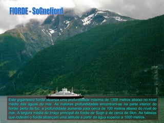 Este gigantesco fiorde alcança uma profundidade máxima de 1308 metros abaixo no nível
médio das águas do mar. As maiores profundidades encontram-se na parte interior do
fiorde: perto da foz, a profundidade aumenta para cerca de 100 metros abaixo do nível do
mar. A largura média do braço principal do fiorde de Sogn é de cerca de 5km. As faléxias
que rodeiam o fiorde alcançam uma altitude a partir da água superior a 1000 metros.
 