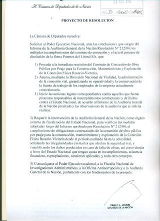 Proyecto de resolución para la rescisión de la concesión a Puentes del Litoral SA.