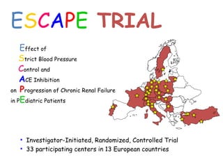 E S C A P E   TRIAL E ffect   of S trict Blood Pressure   C ontrol and  A CE Inhibition on  P rogression   of Chronic Renal Failure in P E diatric Patients Investigator-Initiated, Randomized, Controlled Trial  33 participating centers in 13 European countries 