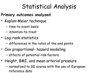 Statistical Analysis Primary outcomes analyzed  Kaplan–Meier technique  time-to event basis  intention-to-treat Log-rank statistics  differences in the rates of the end points  Cox proportional- hazard modeling  effects of potential risk factors Height, BMI, and mean arterial pressure  normalized to SD scores with the use of European reference data Results as means ±SD, unless otherwise stated. 