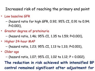Increased risk of reaching the primary end point Low baseline GFR  (hazard ratio for high GFR, 0.92; 95% CI, 0.91 to 0.94; P<0.001), Greater degree of proteinuria  (hazard ratio, 1.46; 95% CI, 1.35 to 1.59; P<0.001),  Higher 24-hour MAP  (hazard ratio, 1.23; 95% CI, 1.13 to 1.33; P<0.001),  Older age  (hazard ratio, 1.07; 95% CI, 1.02 to 1.12; P = 0.002).  The reduction in risk achieved with intensified BP control remained significant after adjustment for these covariates 