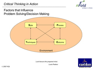 Factors that Influence  Problem Solving/Decision Making Luck favours the prepared mind.  Louis Pasteur Environment S tyle O utcome P rocess T echniques 
