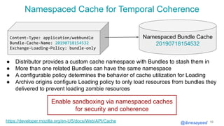 @ibnesayeed 10https://developer.mozilla.org/en-US/docs/Web/API/Cache
● Distributor provides a custom cache namespace with Bundles to stash them in
● More than one related Bundles can have the same namespace
● A configurable policy determines the behavior of cache utilization for Loading
● Archive origins configure Loading policy to only load resources from bundles they
delivered to prevent loading zombie resources
Enable sandboxing via namespaced caches
for security and coherence
Namespaced Cache for Temporal Coherence
Namespaced Bundle Cache
20190718154532
Content-Type: application/webbundle
Bundle-Cache-Name: 20190718154532
Exchange-Loading-Policy: bundle-only
 