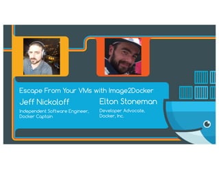 Jeff Nickoloff
Independent Software Engineer,
Docker Captain
Elton Stoneman
Developer Advocate,
Docker, Inc.
Escape From Your VMs with Image2Docker
 