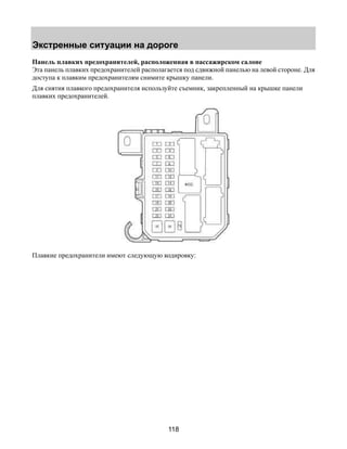 Экстренные ситуации на дороге 
Панель плавких предохранителей, расположенная в пассажирском салоне 
Эта панель плавких предохранителей располагается под сдвижной панелью на левой стороне. Для 
доступа к плавким предохранителям снимите крышку панели. 
Для снятия плавкого предохранителя используйте съемник, закрепленный на крышке панели 
плавких предохранителей. 
Плавкие предохранители имеют следующую кодировку: 
118 
 