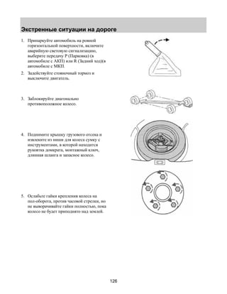 Экстренные ситуации на дороге 
126 
1. Припаркуйте автомобиль на ровной 
горизонтальной поверхности, включите 
аварийную световую сигнализацию, 
выберите передачу Р (Парковка) (в 
автомобиле с АКП) или R (Задний ход)(в 
автомобиле с МКП. 
2. Задействуйте стояночный тормоз и 
выключите двигатель. 
3. Заблокируйте диагонально 
противоположное колесо. 
4. Поднимите крышку грузового отсека и 
извлеките из ниши для колеса сумку с 
инструментами, в которой находится 
рукоятка домкрата, монтажный ключ, 
длинная шланга и запасное колесо. 
5. Ослабьте гайки крепления колеса на 
пол-оборота, против часовой стрелки, но 
не выворачивайте гайки полностью, пока 
колесо не будет приподнято над землей. 
 