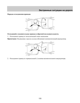 Экстренные ситуации на дороге 
133 
Порядок отсоединения проводов 
Отсоединяйте соединительные провода в обратной последовательности. 
1. Отсоедините провод от металлической точки заземления. 
Примечание: На рисунках стрелки-молнии обозначают вспомогательный аккумулятор. 
2. Отсоедините провод от отрицательной (-) клеммы вспомогательного аккумулятора. 
 