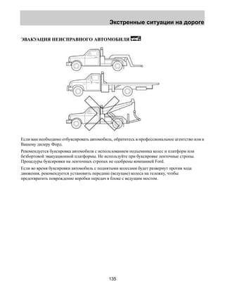 Экстренные ситуации на дороге 
ЭВАКУАЦИЯ НЕИСПРАВНОГО АВТОМОБИЛЯ 
Если вам необходимо отбуксировать автомобиль, обратитесь в профессиональное агентство или к 
Вашему дилеру Форд. 
Рекомендуется буксировка автомобиля с использованием подъемника колес и платформ или 
безбортовой эвакуационной платформы. Не используйте при буксировке ленточные стропы. 
Процедуры буксировки на ленточных стропах не одобрены компанией Ford. 
Если во время буксировки автомобиль с поднятыми колесами будет развернут против хода 
движения, рекомендуется установить передние (ведущие) колеса на тележку, чтобы 
предотвратить повреждение коробки передач в блоке с ведущим мостом. 
135 
 